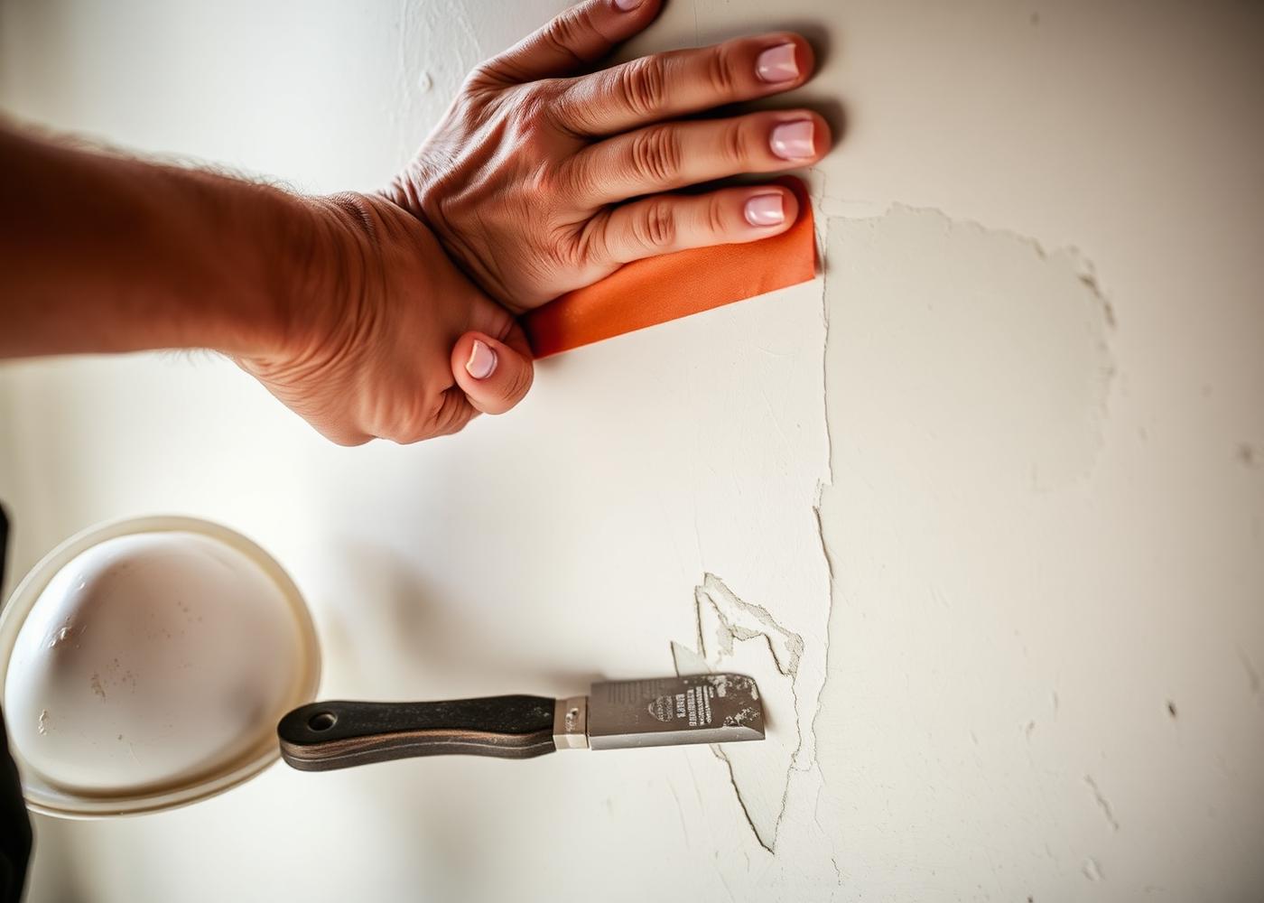 Close view of hands sanding a patched wall smooth before painting