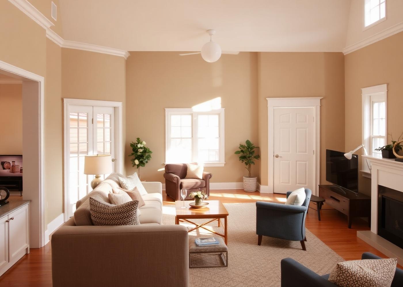 Living room with freshly painted warm neutral walls and white trim