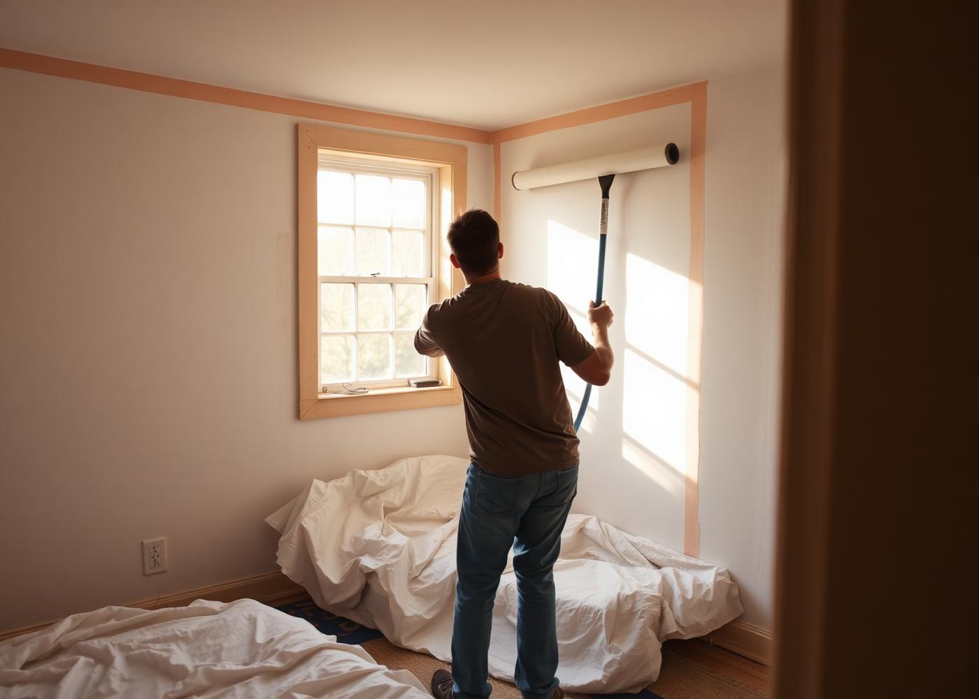 Painter rolling a wall with drop cloths protecting the floor